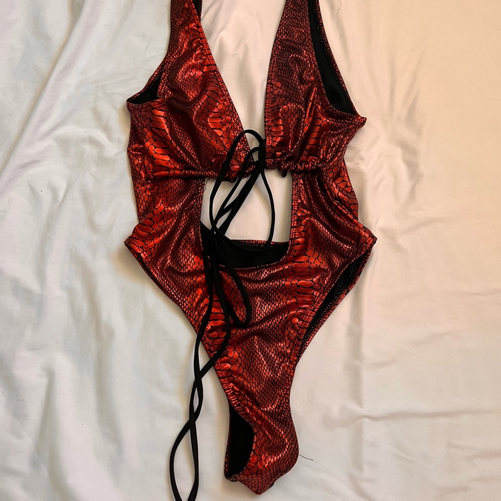 Red Metallic Snakeskin One-Piece Swimsuit